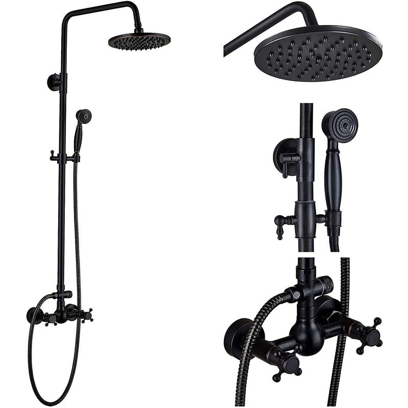 NeierThodore Luxury ORB Bathroom Shower Faucet Dual Handles Wall-Mounted Shower Mixer Taps 8" Rainfall Shower Head Ceramic Handheld Sprayer Oil Rubbed Bronze - Image 1